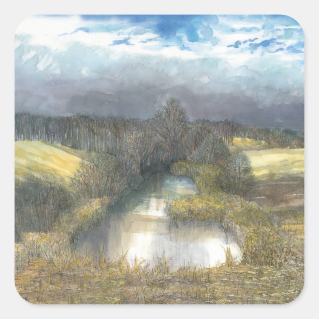 autumn pond square sticker (Front)