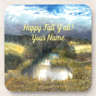 Autumn pond watercolor coaster