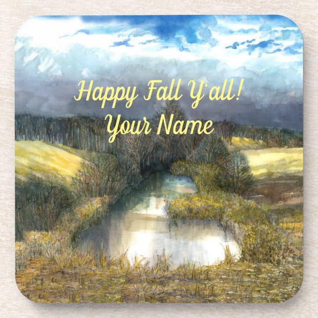 Autumn pond watercolor coaster (Front)