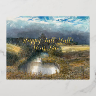 Autumn pond watercolor foil holiday postcard