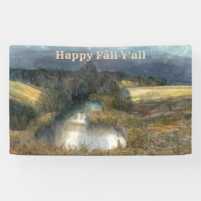 Autumn pond watercolor painting banner (Horizontal)