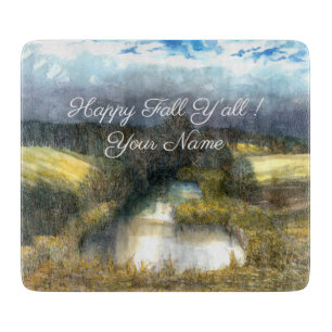 Autumn pond watercolor painting cutting board