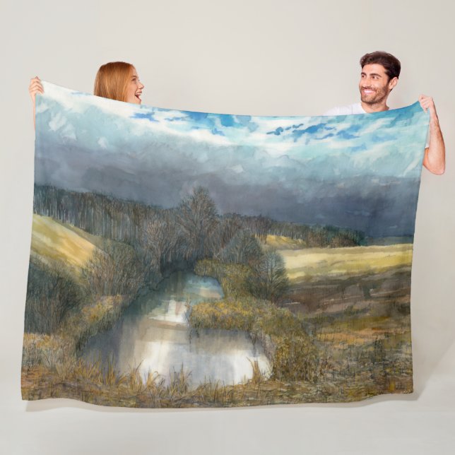 Autumn pond watercolor painting fleece blanket (In Situ)
