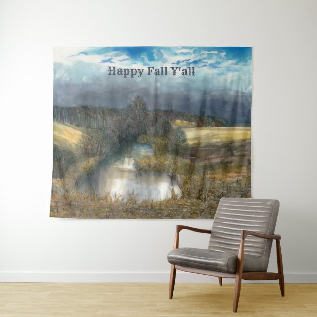 Autumn pond watercolor painting tapestry (In Situ (Horizontal))