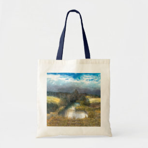 autumn pond watercolor painting tote bag