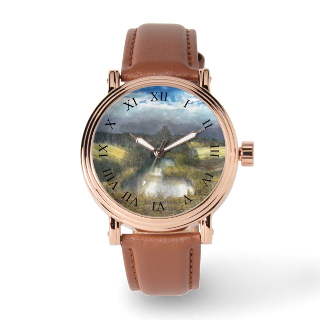 autumn pond watercolor painting watch (Front)