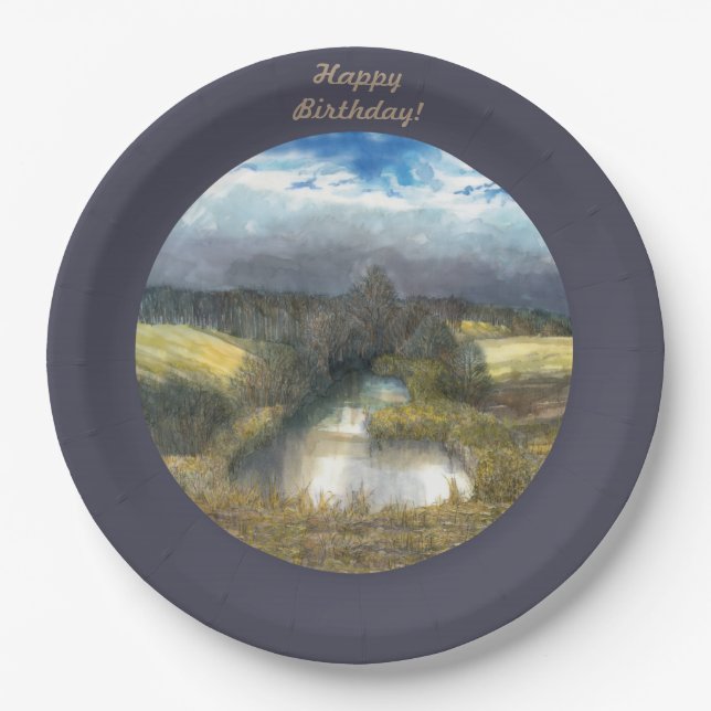 autumn pond watercolor paper plate (Front)