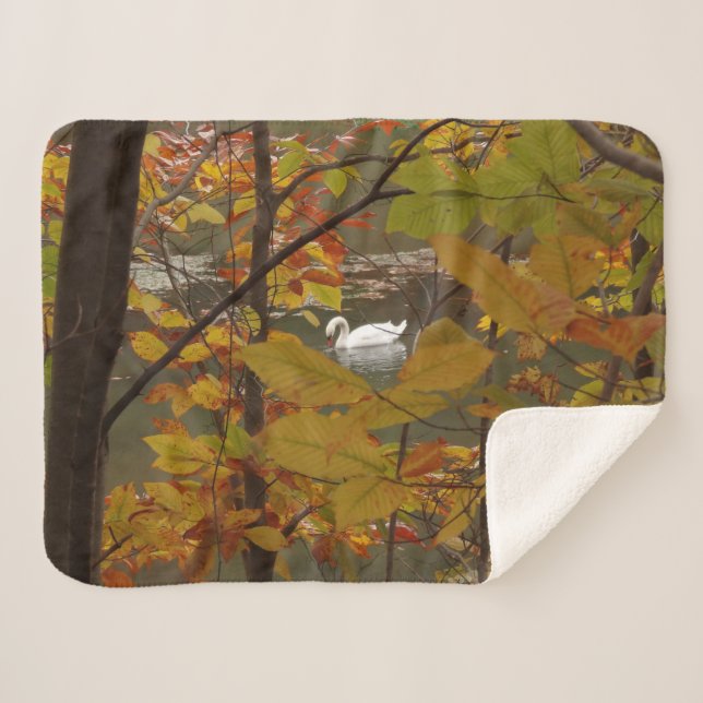 Autumn Pond with Swan Sherpa Blanket (Front (Horizontal))