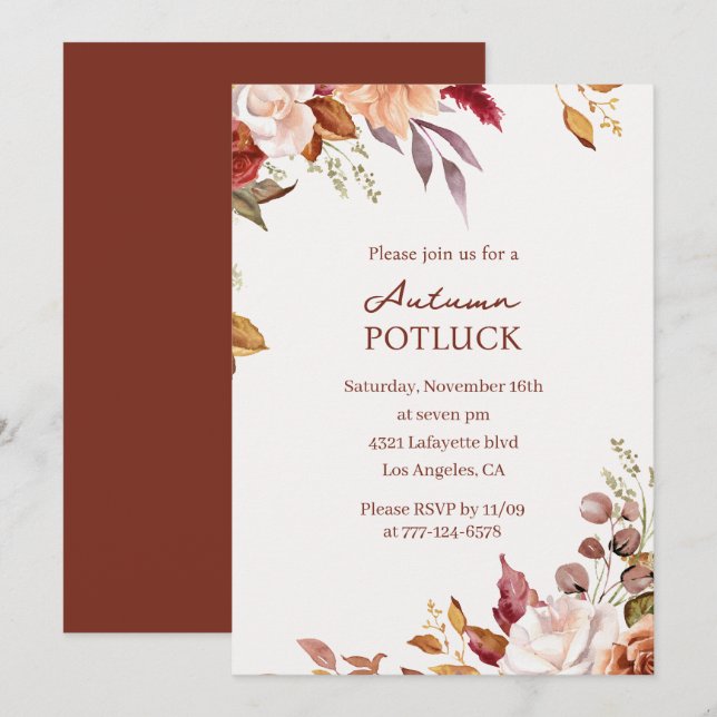 Autumn Potluck Invitation | Watercolor Fall (Front/Back)