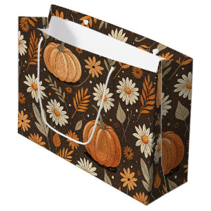 Autumn Pumpkin and Daisy Floral Pattern Large Gift Bag