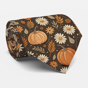 Autumn Pumpkin and Daisy Floral Pattern Tie