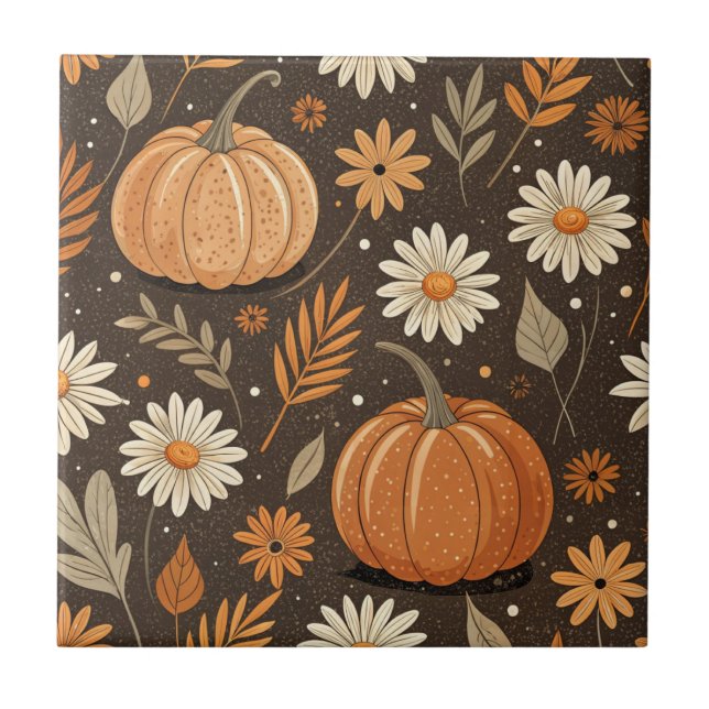 Autumn Pumpkin and Daisy Floral Pattern Tile (Front)