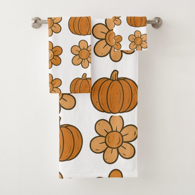 Autumn Pumpkin and Daisy Pattern Bath Towel Set (Insitu)