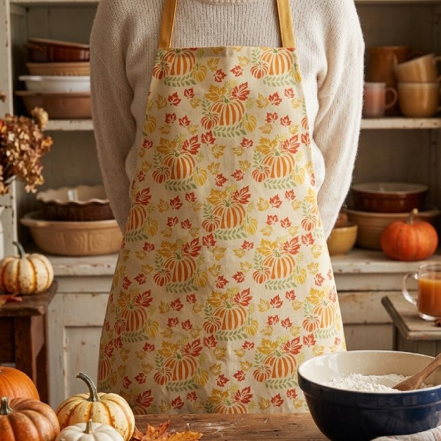 Autumn Pumpkin And Falling Leaves Seamless Pattern Apron (Creator Uploaded)