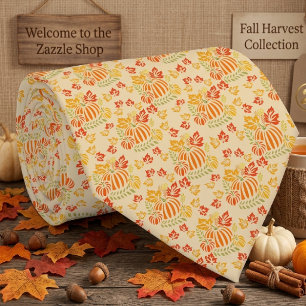 Autumn Pumpkin And Falling Leaves Seamless Pattern Tie