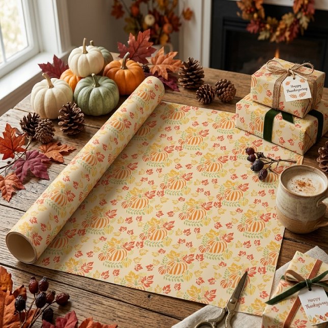 Autumn Pumpkin And Falling Leaves Seamless Pattern Wrapping Paper (Creator Uploaded)