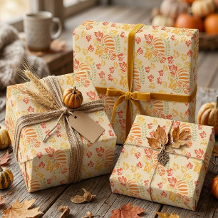 Autumn Pumpkin And Falling Leaves Seamless Pattern Wrapping Paper Sheet