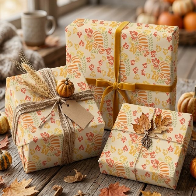Autumn Pumpkin And Falling Leaves Seamless Pattern Wrapping Paper Sheet (Creator Uploaded)