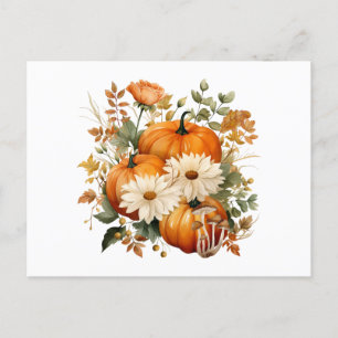 Autumn Pumpkin and Flower Illustration  Holiday Postcard