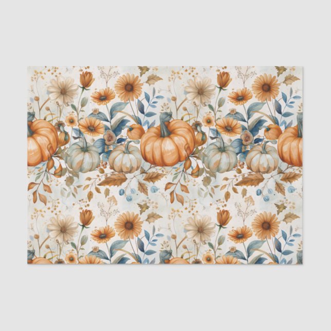 Autumn Pumpkin and Flowers Fall Decoupage Tissue Paper (Front)