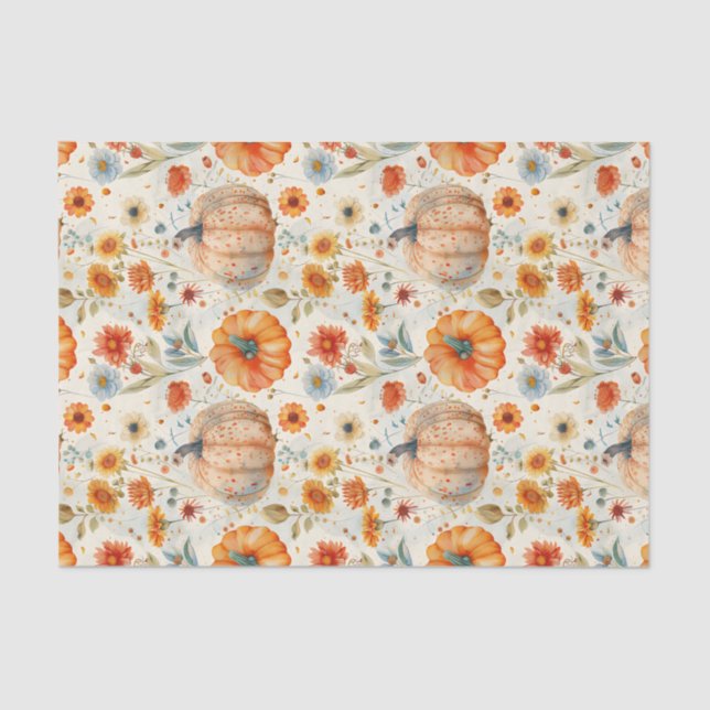 Autumn Pumpkin and Flowers Fall Decoupage Tissue Paper (Front)