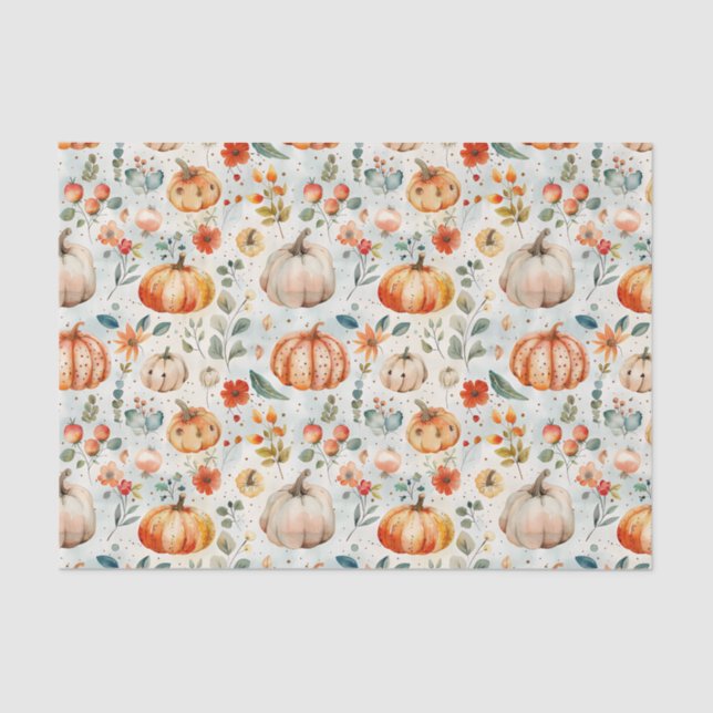 Autumn Pumpkin and Flowers Fall Decoupage Tissue Paper (Front)