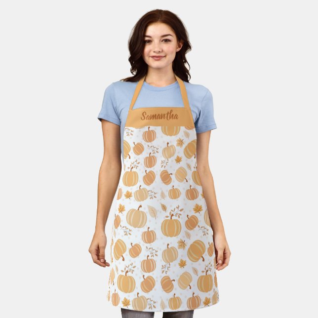 Autumn Pumpkin and Leaf Pastel Pattern Apron (Worn)