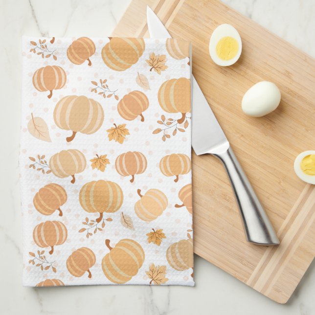 Autumn Pumpkin and Leaf Pastel Pattern Tea Towel (Quarter Fold)
