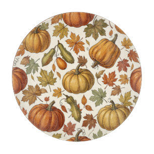 Autumn Pumpkin and Leaf Seamless Pattern Cutting Board
