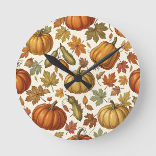 Autumn Pumpkin and Leaf Seamless Pattern Round Clock