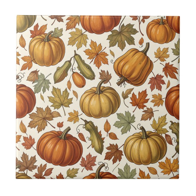 Autumn Pumpkin and Leaf Seamless Pattern  Tile (Front)