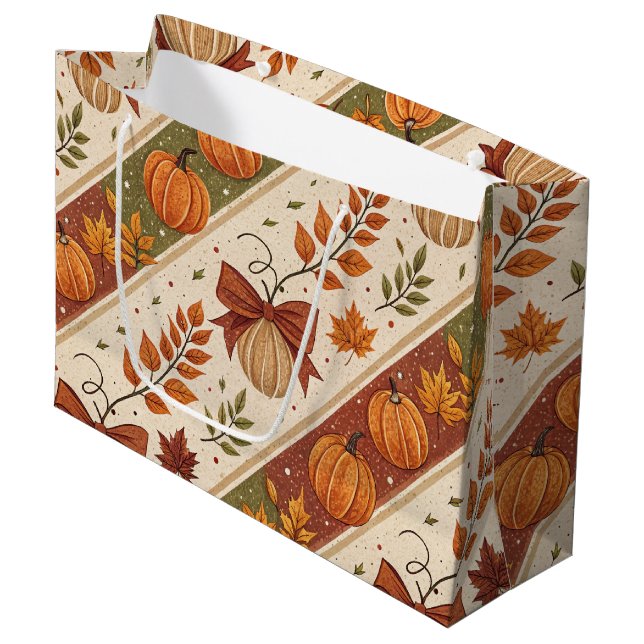 Autumn Pumpkin and Leaves Fall Pattern Large Gift Bag (Front Angled)