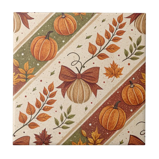 Autumn Pumpkin and Leaves Fall Pattern Tile (Front)