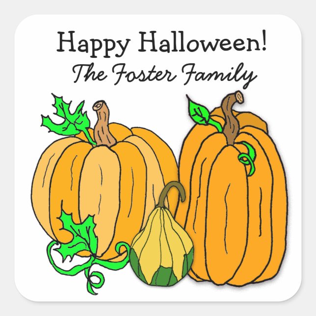 Autumn Pumpkin and Squash Halloween Fall Seasonal Square Sticker (Front)