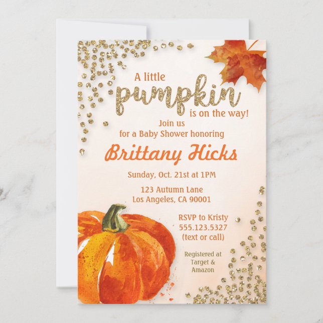 Autumn Pumpkin Baby Shower Glitter Invitation (Front)