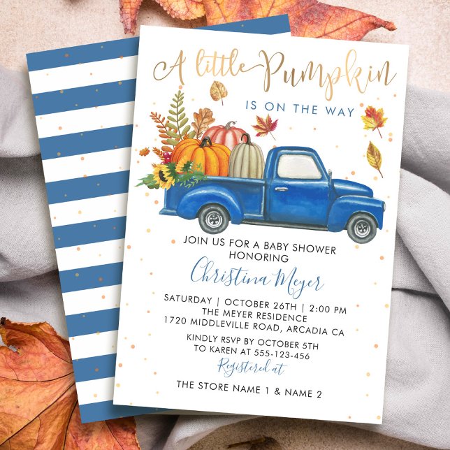 Autumn Pumpkin Blue Truck Fall Baby Shower Invitation (Creator Uploaded)