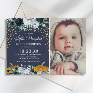 Autumn Pumpkin Boy Photo Birthday Invitation