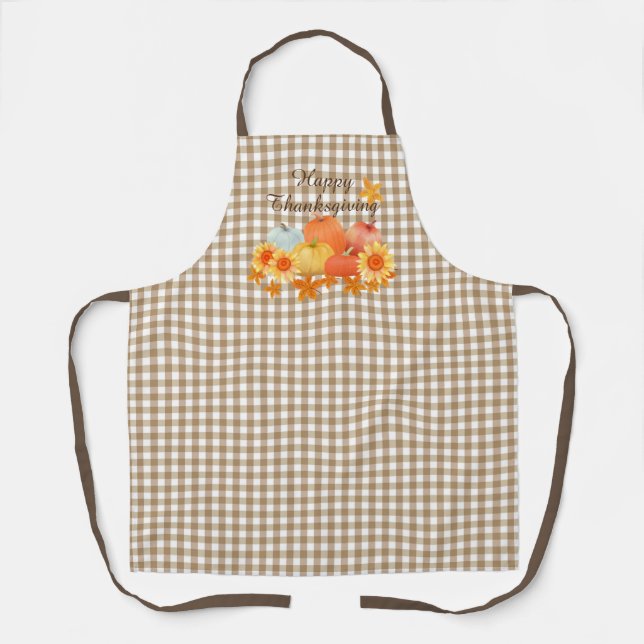 Autumn Pumpkin Brown Gingham Apron (Front)