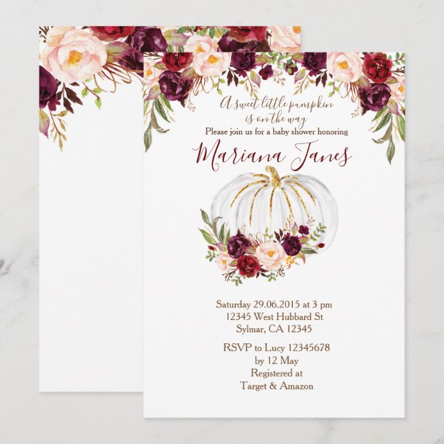 Autumn Pumpkin & Burgundy Floral Baby Shower Invitation (Front/Back)
