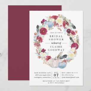 Autumn Pumpkin & Burgundy Floral Bridal Shower Invitation