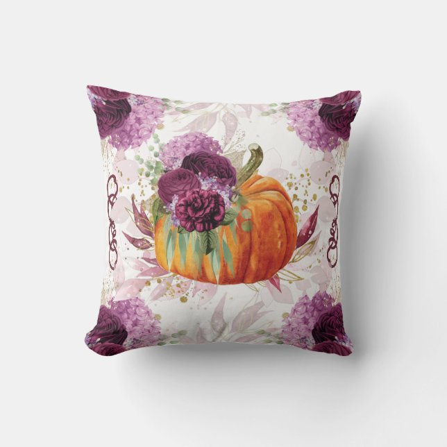 Autumn Pumpkin Burgundy Flower details Cushion (Front)