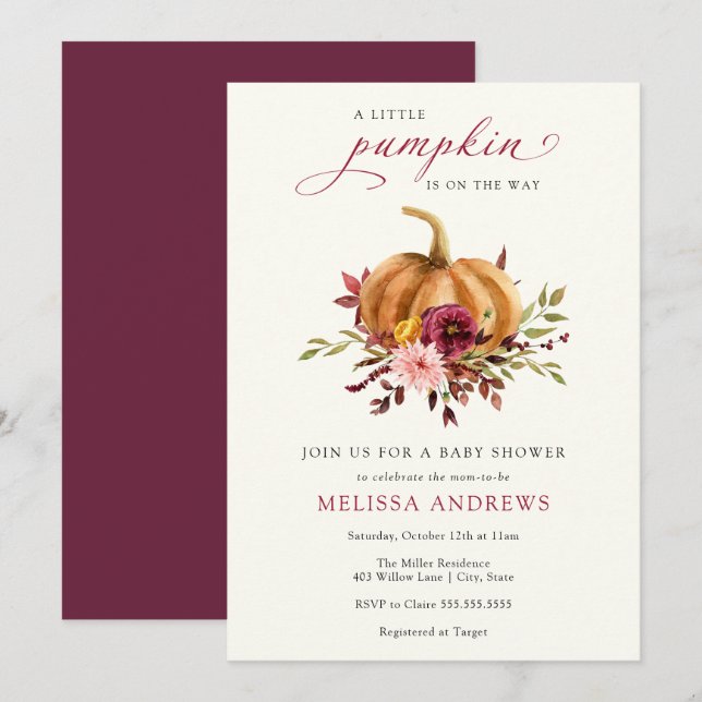 Autumn Pumpkin Burgundy Foliage Baby Shower Invita Invitation (Front/Back)