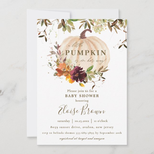 Autumn Pumpkin Burgundy Orange Floral Baby Shower  Invitation (Front)