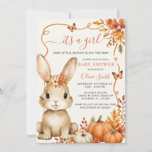 Autumn Pumpkin Cute Bunny Girl Baby Shower Invitation