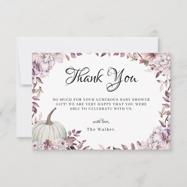 Autumn Pumpkin Elegant Purple Flowers  Thank You Card (Front)