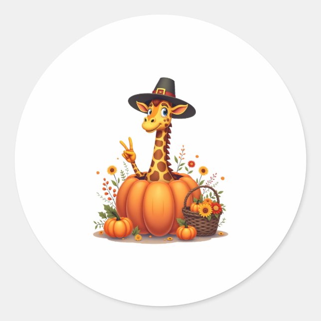 Autumn Pumpkin Fall Giraffe Thanksgiving Womens Me Classic Round Sticker (Front)