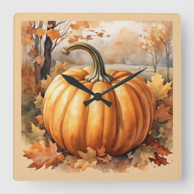 Autumn Pumpkin & Fall Leaves Square Wall Clock (Front)