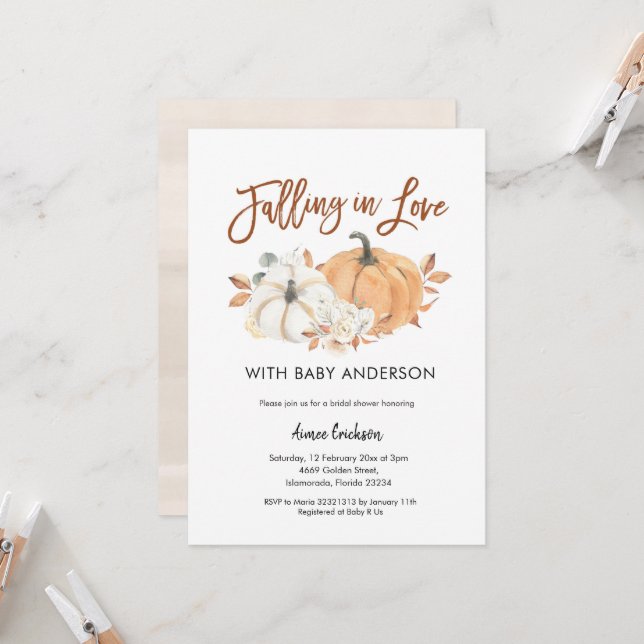 Autumn Pumpkin Falling in Love Baby Shower Invitat Invitation (Front/Back In Situ)
