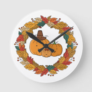 Autumn Pumpkin Family Wreath Round Clock
