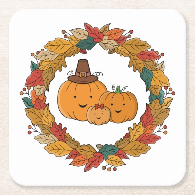 Autumn Pumpkin Family Wreath Square Paper Coaster (Front)